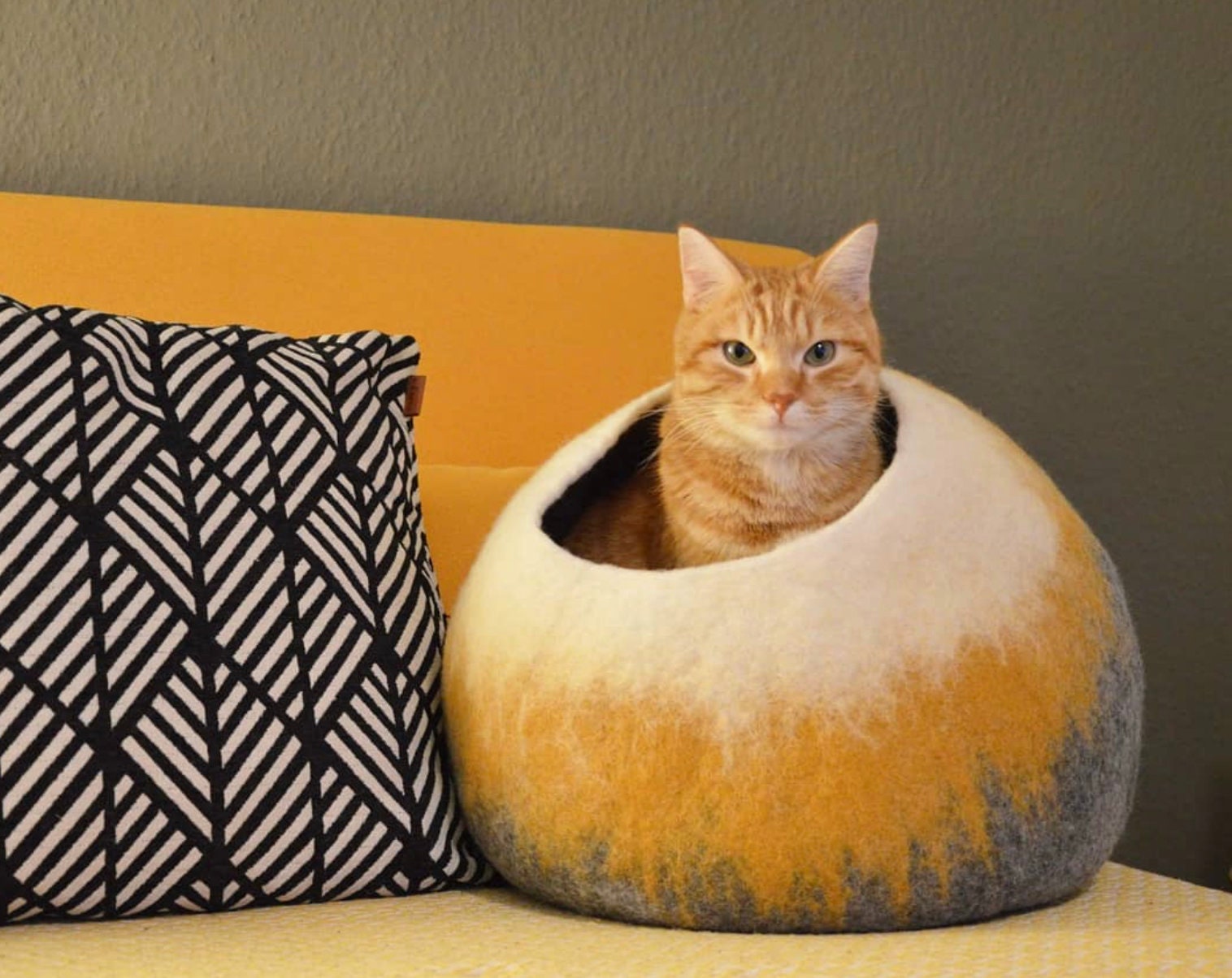 Mustard Grey Wool Cat Cocoon Cave Pet Bed House Vessel