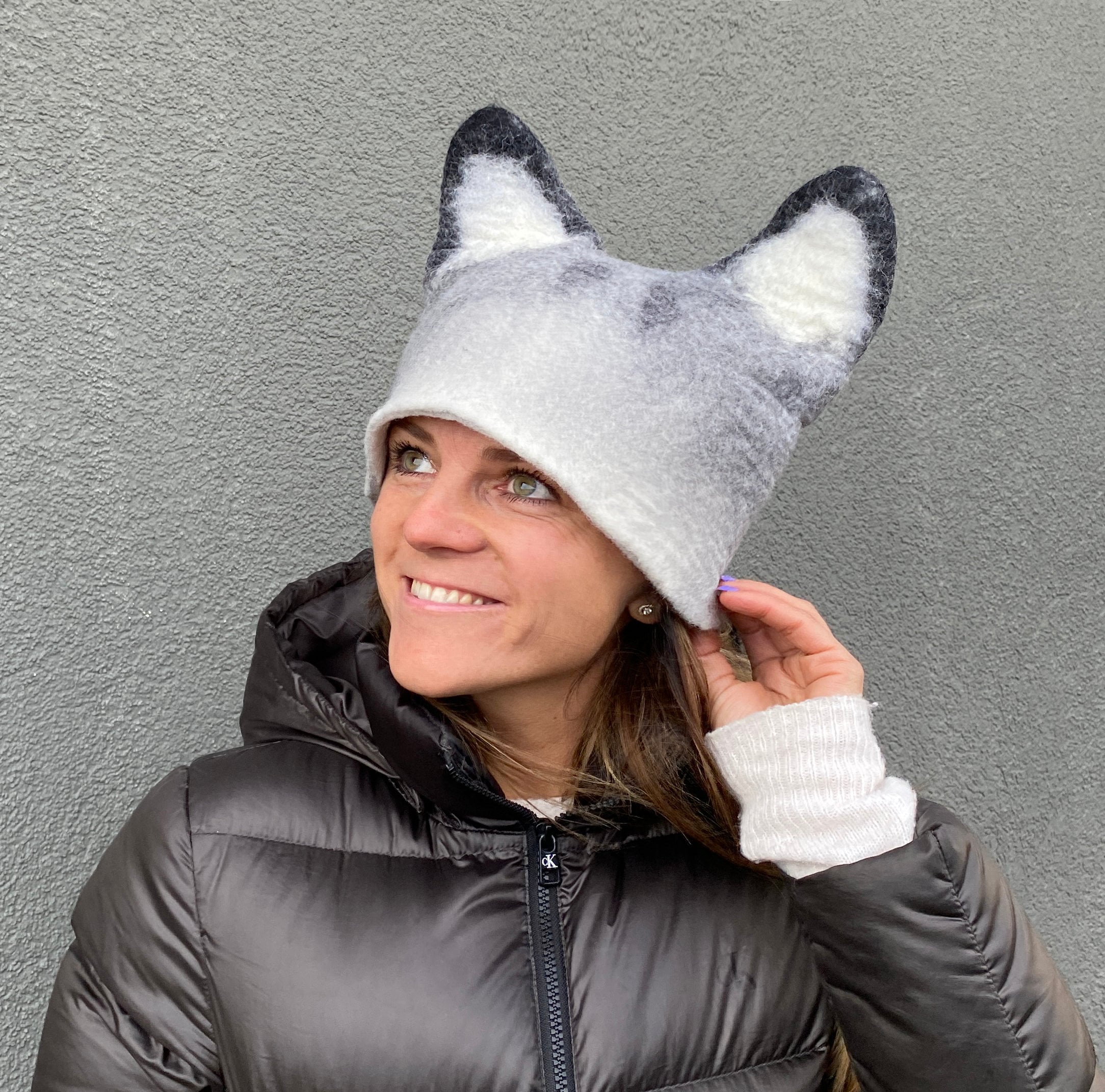 Wolf, Dog Hat with Ears, Animal Hat, Handmade Felt Pure  display picture 1